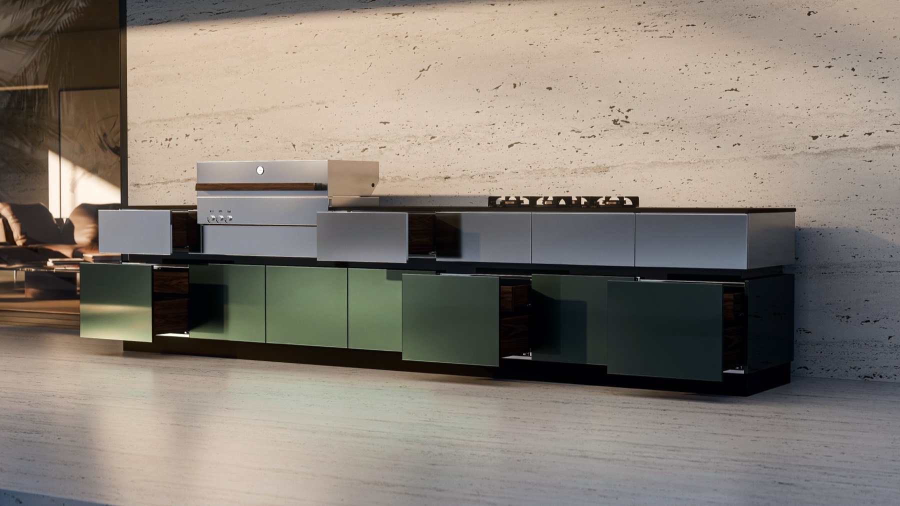 Long Brown Jordan outdoor kitchen with green cabinet fronts against a travertine wall