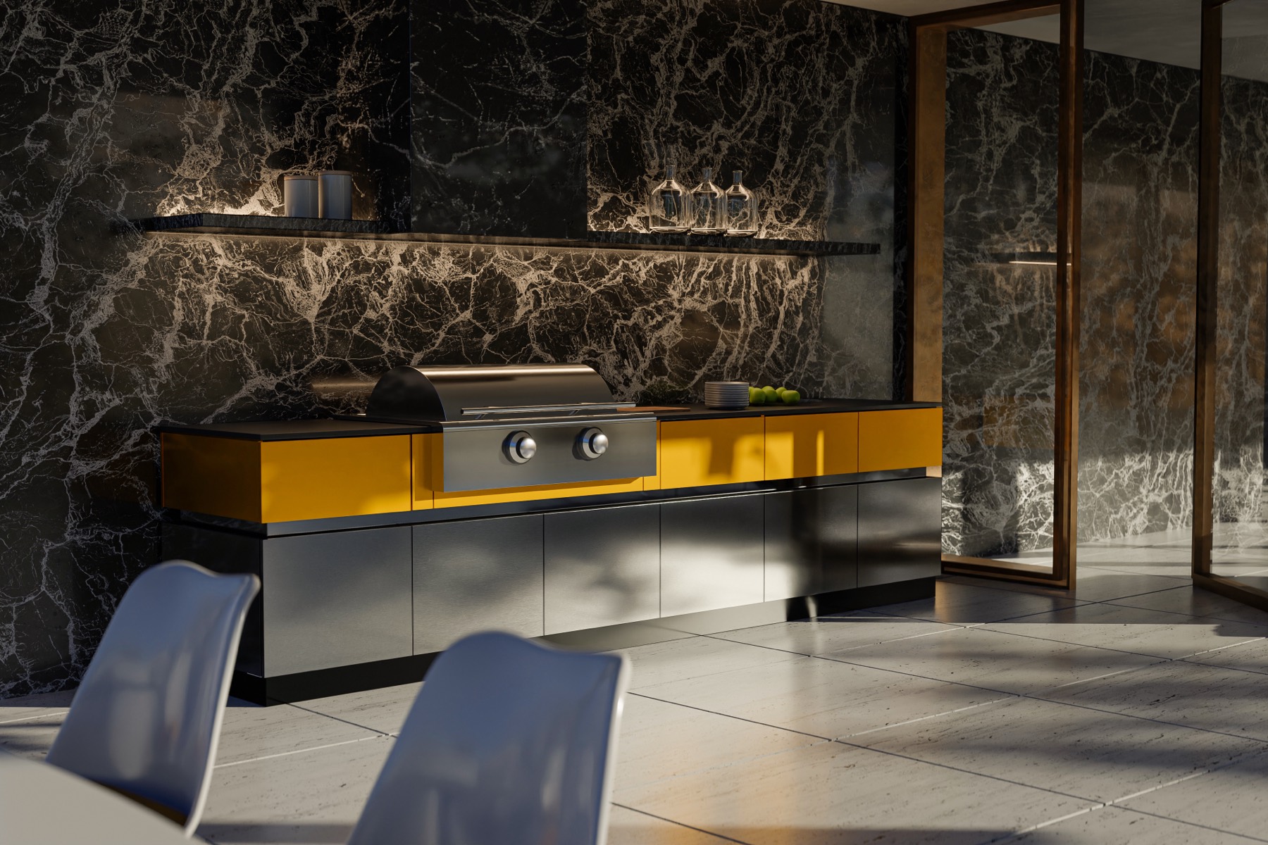 Saffron and graphite outdoor kitchen against black marble
