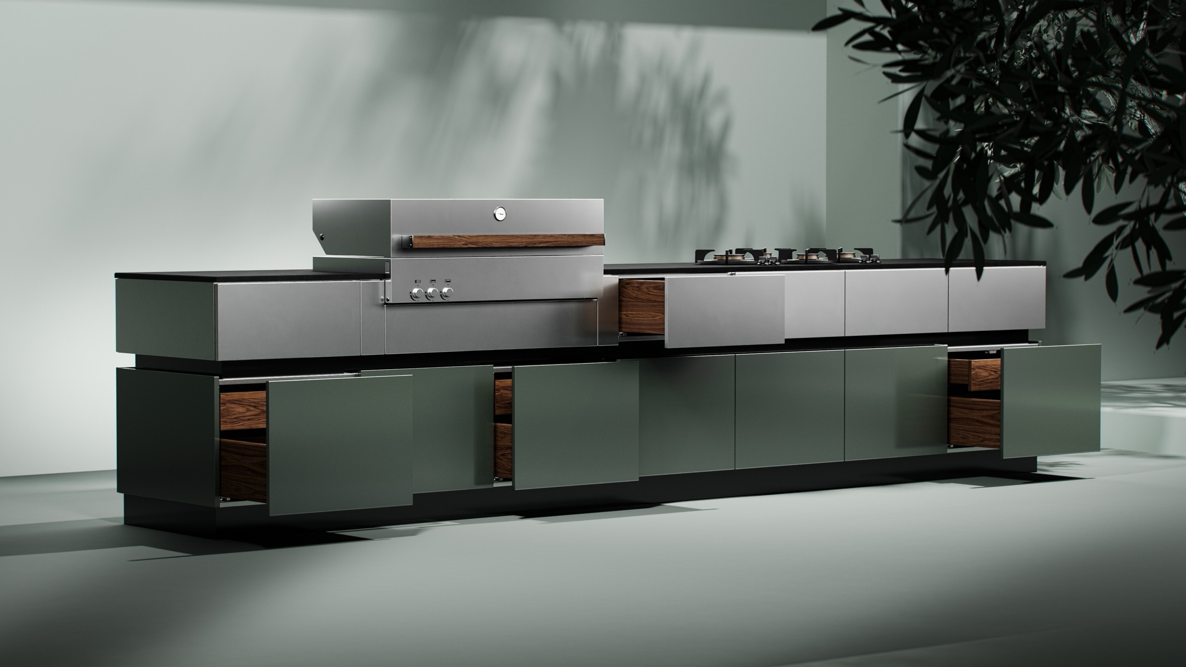 Long Brown Jordan outdoor kitchen with sage green cabinets, walnut-lined drawers and a stainless grill and cooktop