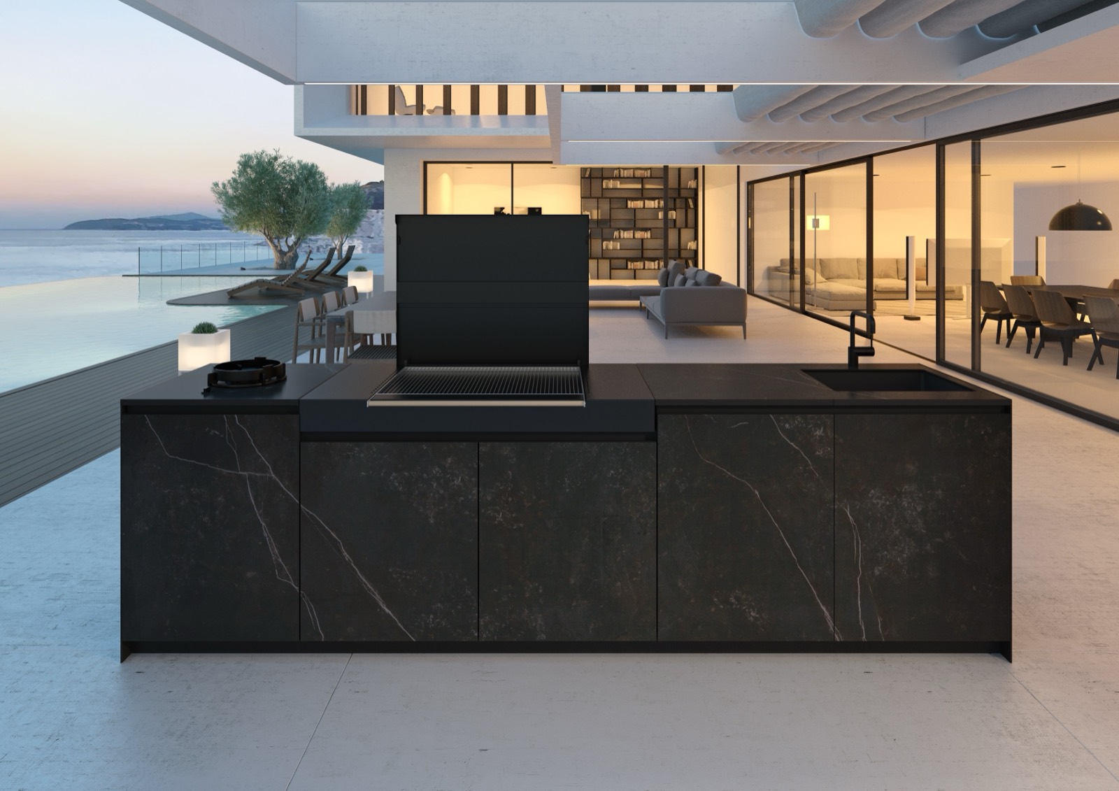 Dark stone kitchen island on a terrace